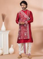 Pure Viscose Red Traditional Wear Embroidery Work Dhoti Kurta